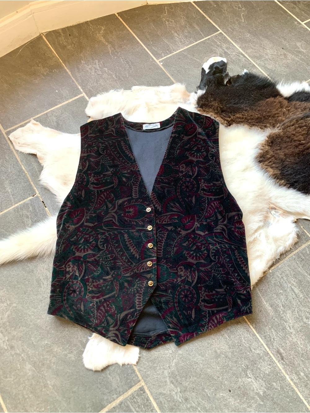 Vintage Unisex 90s Velvet Paisley Pattern Button-Up Waistcoat / Vest - Large